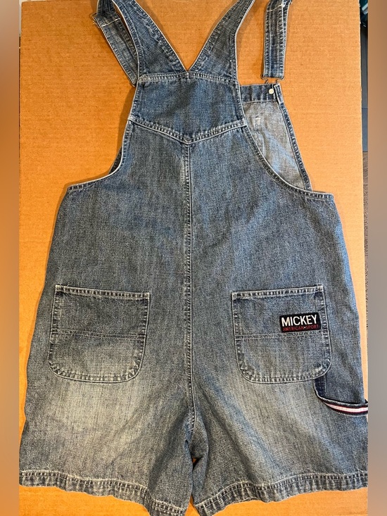 Vintage 90’s Disney Denim Mickey Mouse Overalls Jean Short USA Romper SZ Large - Picture 11 of 15